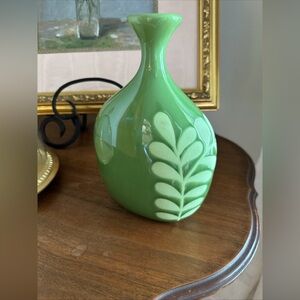 Crate & Barrel mid-century style pottery vase NWOT green with floral design